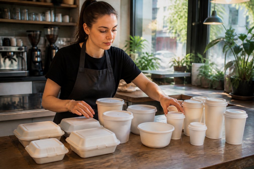 Cafe staff member arranging various compostable takeaway containers and cups of different sizes on a wooden counter, displaying bagasse boxes, noodle containers, and white biocups with natural morning light streaming through cafe windows