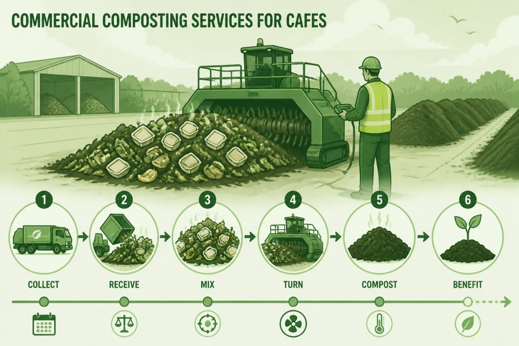 Industrial composting facility worker in high-visibility vest turning a large pile of food waste and compostable packaging materials with a mechanical turner, showing the decomposition process in an outdoor composting operation under overcast sky