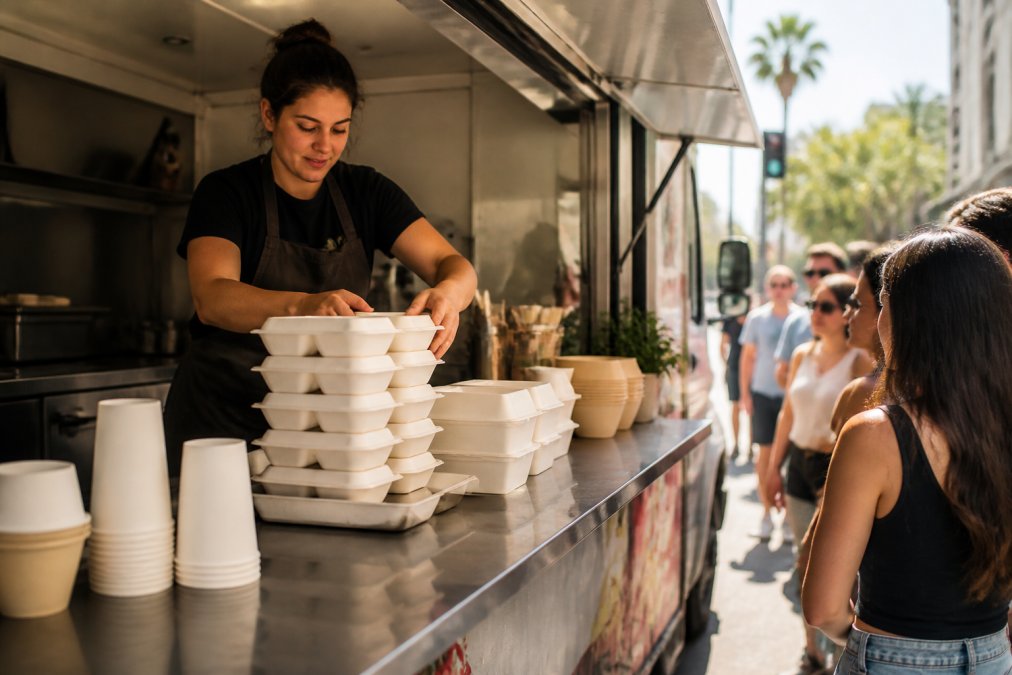 Food truck operator arranging stacks of compostable takeaway containers and beverage cups on a mobile service counter, with customers queuing in the background on a sunny street