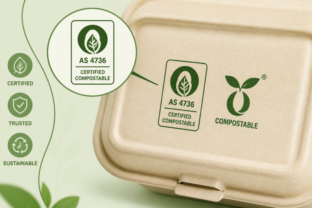 Close-up photograph of AS 4736 certification label and official composting logo printed on the surface of a compostable cardboard container, showing the certification mark clearly visible under natural lighting