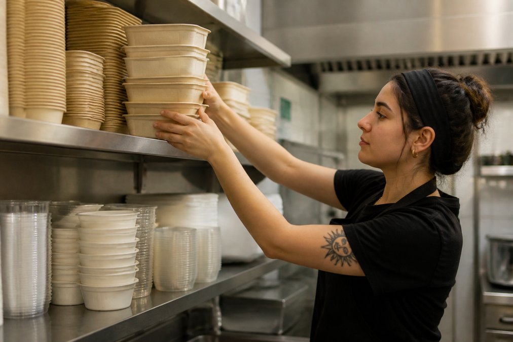 Cafe worker stacking natural plant fibre takeaway containers in a commercial kitchen, demonstrating proper storage and handling of compostable packaging