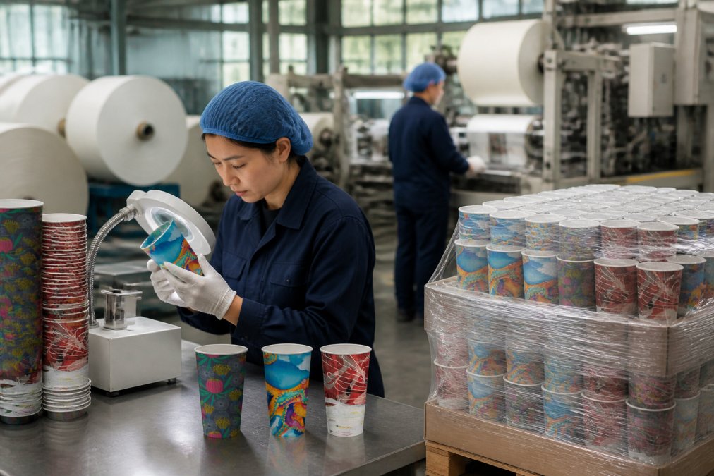 Industrial packaging production facility with workers monitoring compostable material rolls on assembly lines, quality control stations with magnifying equipment, and stacks of finished certified compostable containers ready for shipment