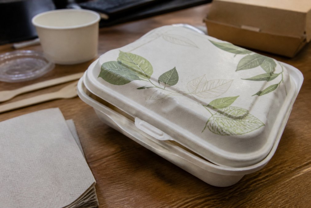 Close-up of food takeaway container displaying misleading green leaf imagery, faded earth-tone colours, and vague claims like "eco-friendly" and "natural" printed on white cardboard surface with blurred background