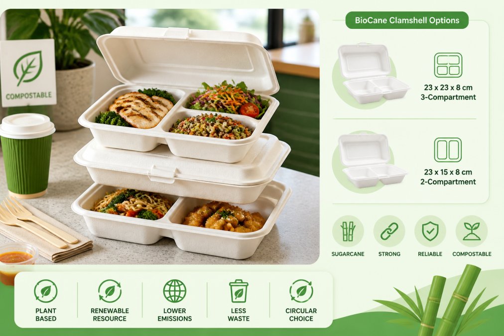 Close-up of stacked white sugarcane BioCane clamshell containers on a cafe counter with fresh food visible inside, showing durability and professional presentation in natural daylight