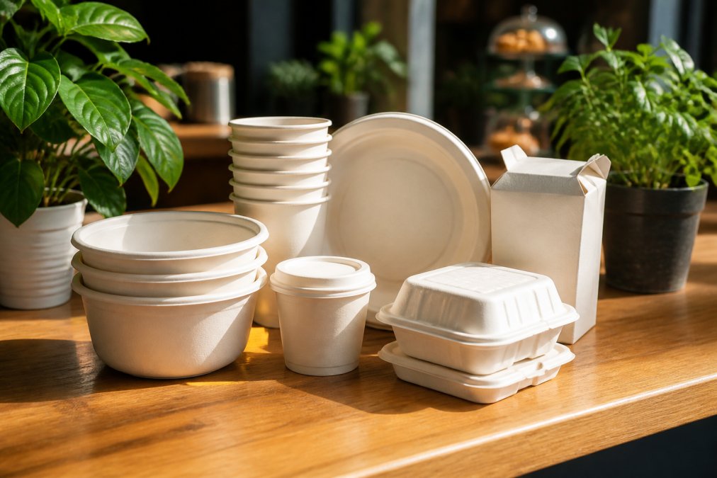 Close-up of plant-based compostable takeaway cups, bowls, and food containers arranged neatly on a timber cafe counter, surrounded by small green potted plants in warm morning light