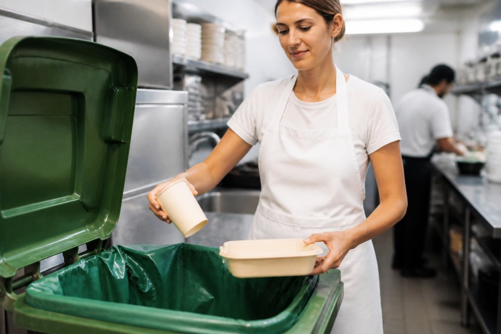 A cafe worker in a white apron placing certified compostable takeaway cups and food containers into a clearly labelled FOGO organics bin in a bright commercial kitchen, overhead fluorescent lighting, stainless steel benches in background