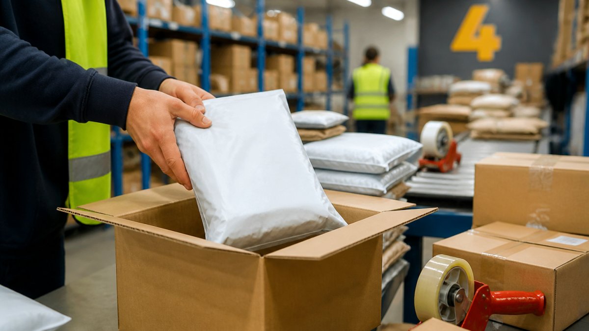 Close-up of hands placing packaged items into cardboard boxes in a busy warehouse with fluorescent lighting, showing mailer durability and handling conditions during e-commerce fulfillment