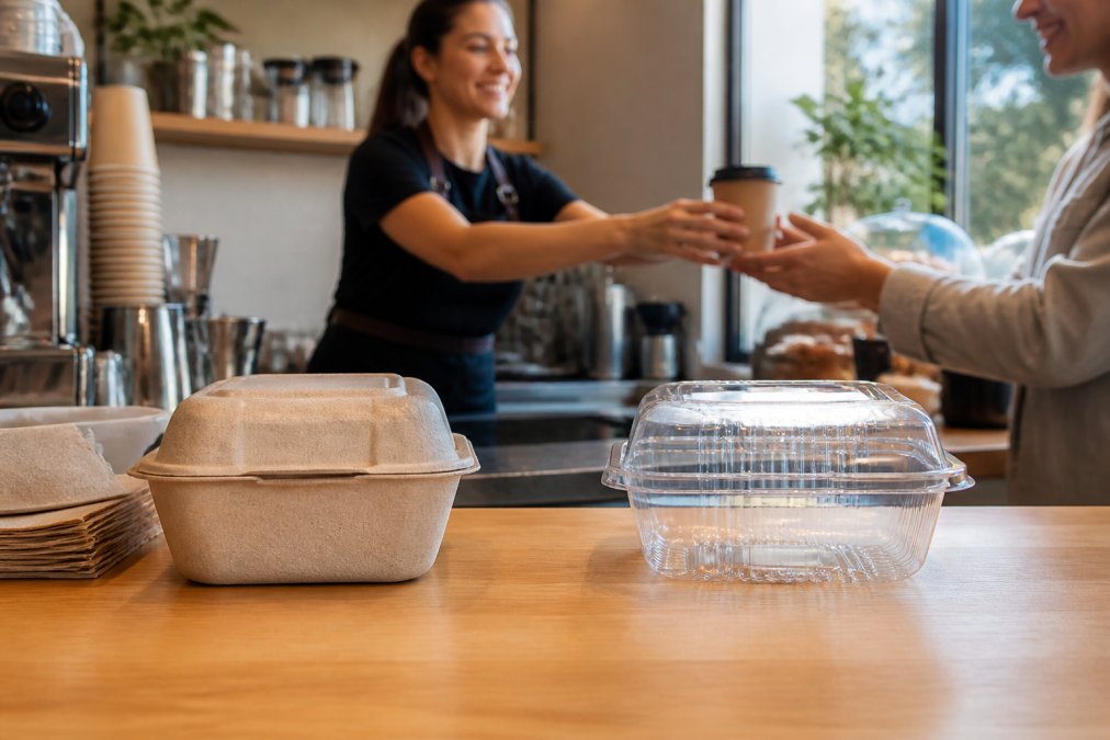 A busy cafe counter showing two distinct takeaway container types side by side, one labelled compostable and one recyclable, with a barista handing a coffee cup to a customer in warm morning light