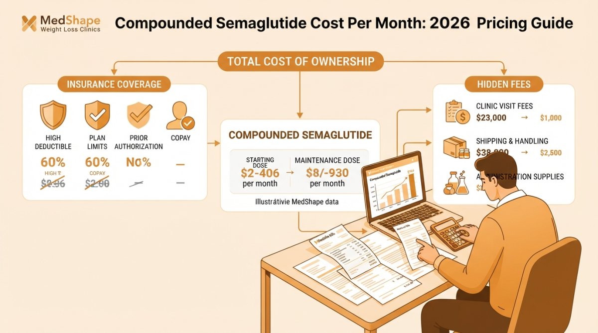 Person reviewing medical bills and insurance paperwork at a desk with a laptop and calculator, showing concentration while analyzing costs and comparing medication pricing options