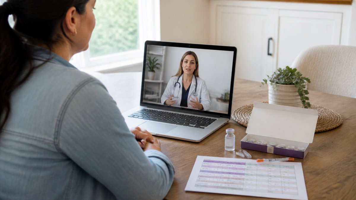 A patient in a bright telehealth consultation with a board-certified physician on a laptop screen, medication vial and dosage chart visible on the desk