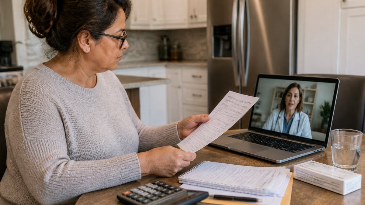 A woman in her forties sitting at a kitchen table reviewing a paper bill and a laptop showing a telehealth appointment, a small medication pen box and a glass of water beside her