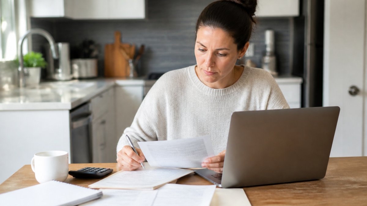 A person sitting at a kitchen table reviewing paperwork and documents with a laptop open, appearing focused on completing an application form