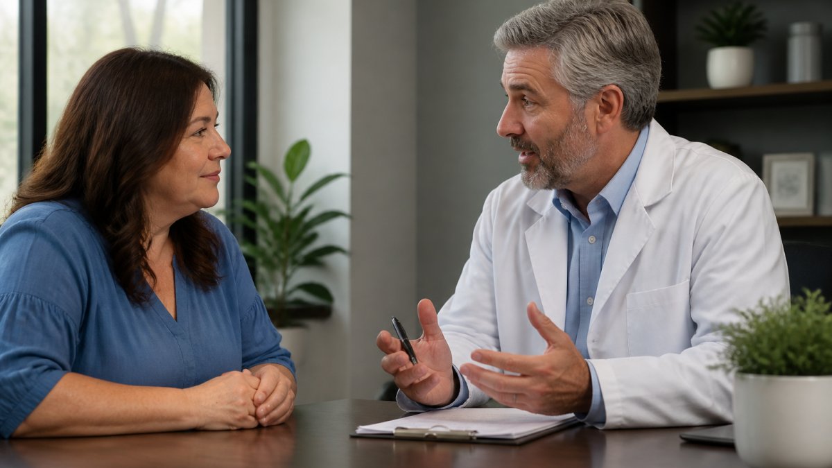 Board-certified physician consulting with middle-aged patient in modern medical office, reviewing treatment options and patient health history at desk with natural lighting