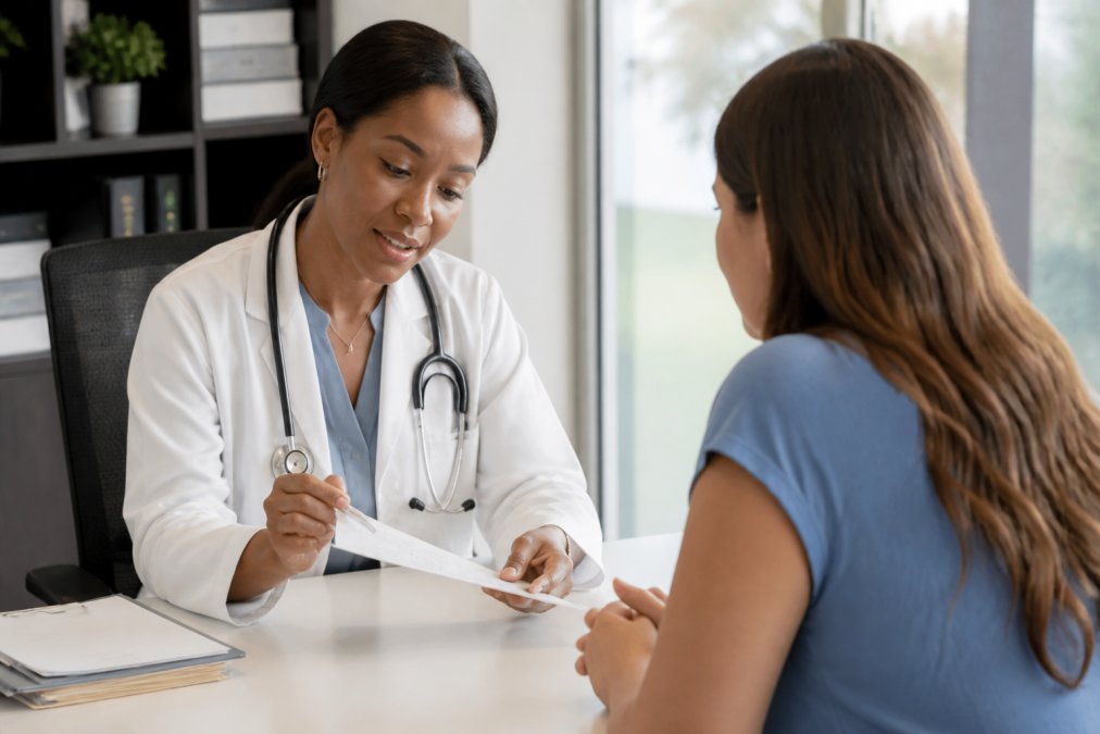 Board-certified physician consulting with patient in modern clinical office, reviewing medical charts and discussing weight loss progress with semaglutide treatment plan