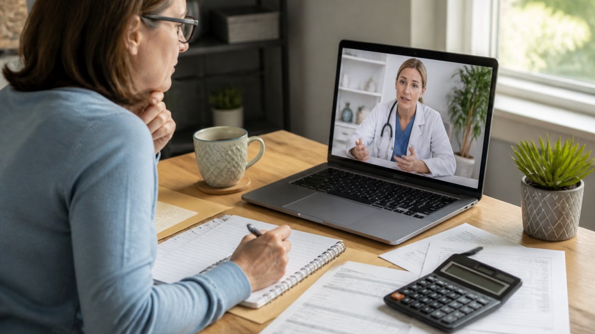 Board-certified physician reviewing personalized tirzepatide dose escalation schedule with patient during telemedicine consultation on laptop screen, modern home office setting with natural window lighting