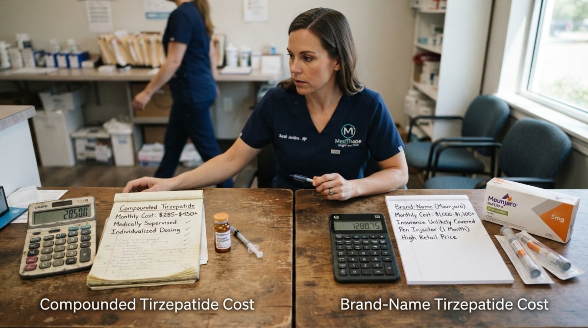Person reviewing medical bills and prescription documentation at a desk with a calculator and notepad, natural office lighting