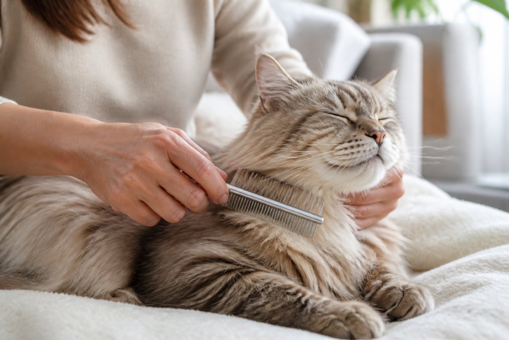Close-up of a person gently brushing a long-haired cat with a metal comb, cat relaxed on a soft blanket in a bright living room, warm natural light