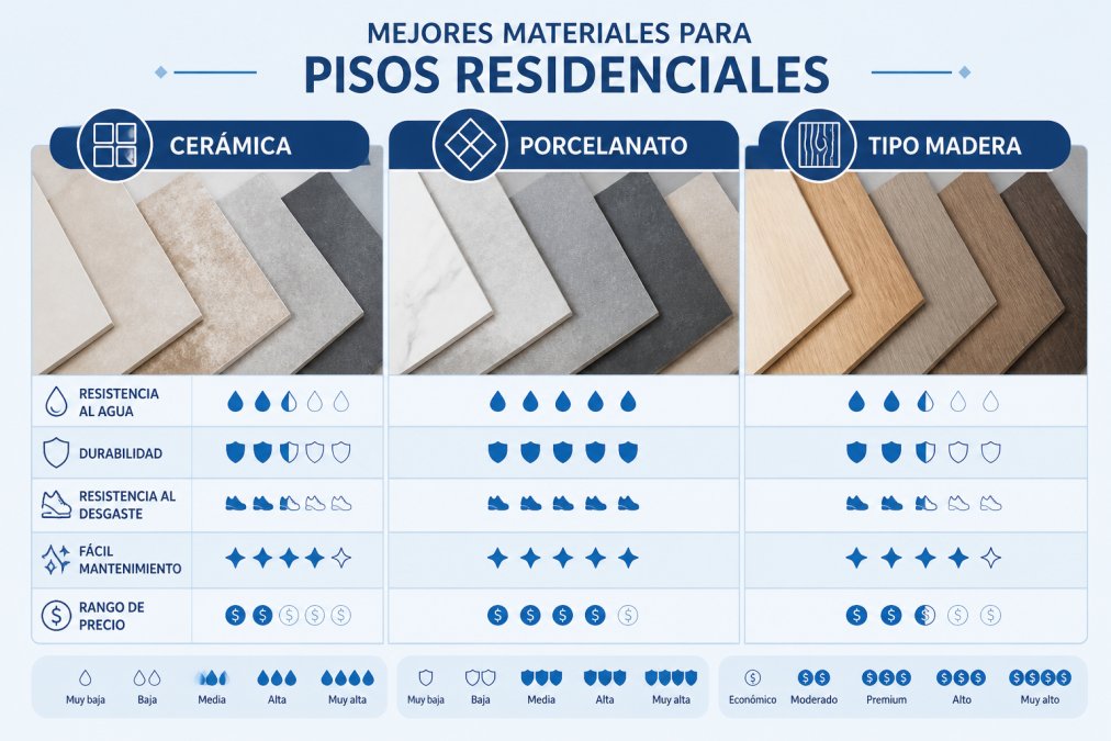 Close-up view of different floor tile samples arranged side by side, showing ceramic, porcelain, and wood-look finishes with various textures and colors in natural lighting