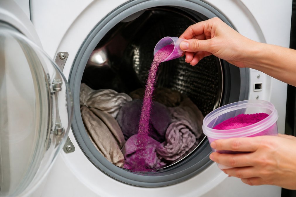 Primo piano di mani che versano polvere di tintura colorata in una lavatrice aperta, con vestiti bagnati visibili dentro il tamburo