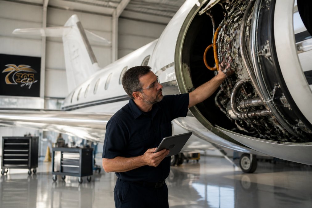Aviation technician using a digital tablet for aircraft management while inspecting a private jet engine in a hangar