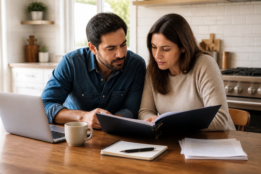 A couple sitting at a kitchen table with a laptop and a folder of insurance documents, reviewing policy options together in warm afternoon light