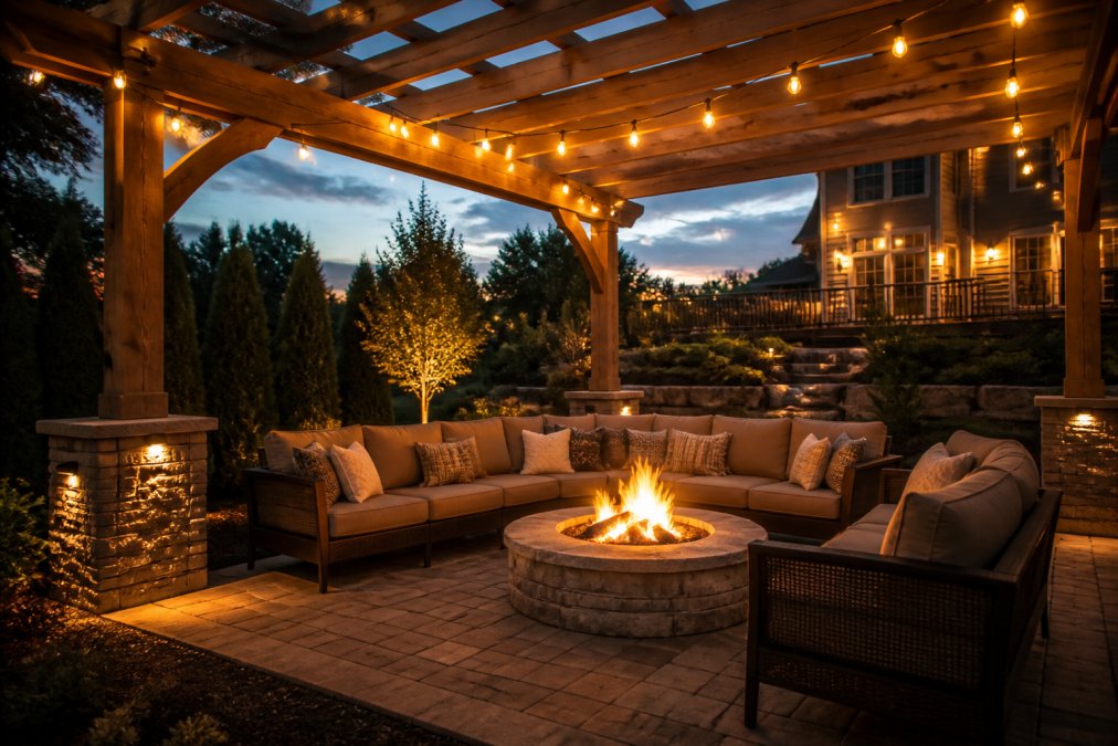A beautifully finished backyard outdoor living space featuring a stone patio with a cedar pergola overhead, cushioned outdoor furniture arranged around a central fire pit, and warm amber string lighting glowing at dusk against a darkening sky