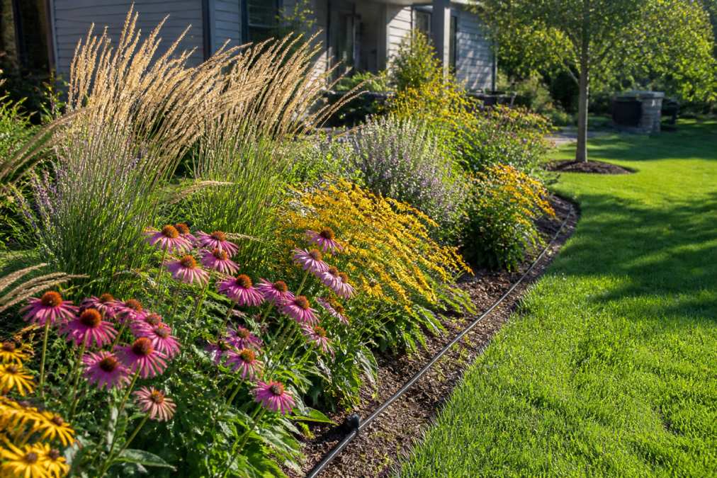 A lush residential backyard featuring native ornamental grasses, purple coneflowers, and black-eyed Susans in a mulched garden bed, with a drip irrigation line running along the base of drought-tolerant perennials in warm natural afternoon light