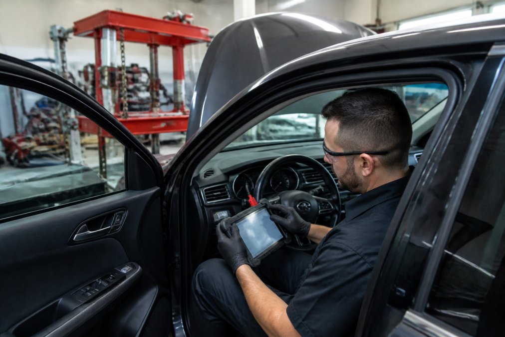 A certified technician in a clean, modern auto body shop using a computerized diagnostic tool on a vehicle's dashboard, with a frame alignment machine visible in the background