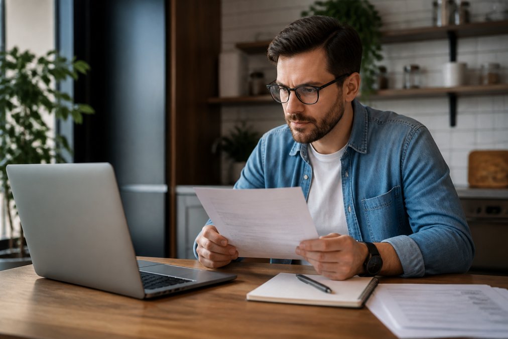 Freelancer at desk comparing insurance quotes on laptop screen, with notebook and pen nearby, reviewing policy documents, focused expression
