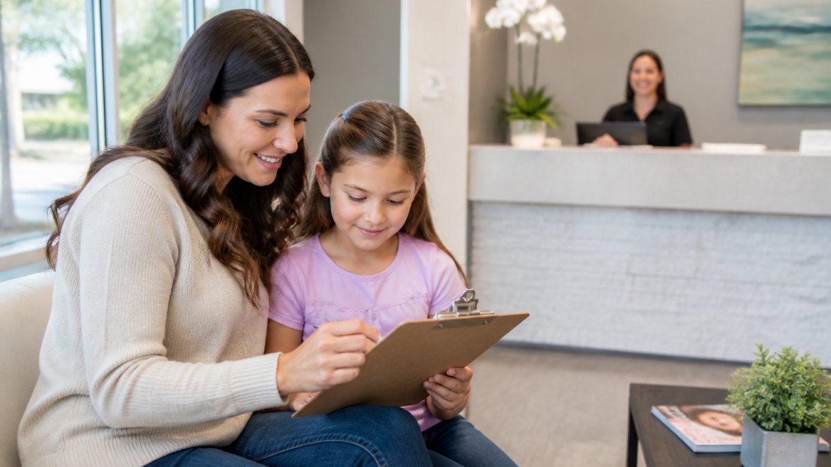 A parent and child sitting in a bright dental office waiting area, reviewing a clipboard checklist together while a friendly front-desk team member smiles in the background