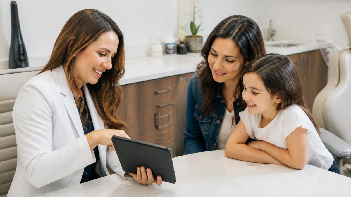 A dentist sitting with a parent and child at a bright consultation desk, pointing to a treatment plan on a tablet while the child smiles
