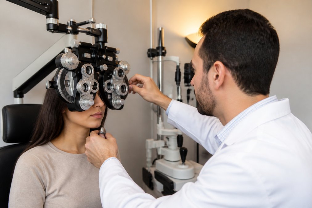 Optometrist performing comprehensive eye exam on patient seated in examination chair, using advanced phoropter equipment with patient's chin resting on rest, warm clinical lighting
