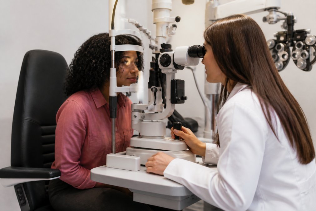 Optometrist performing slit lamp examination on patient in modern eye care office with advanced diagnostic equipment visible in background, warm clinical lighting