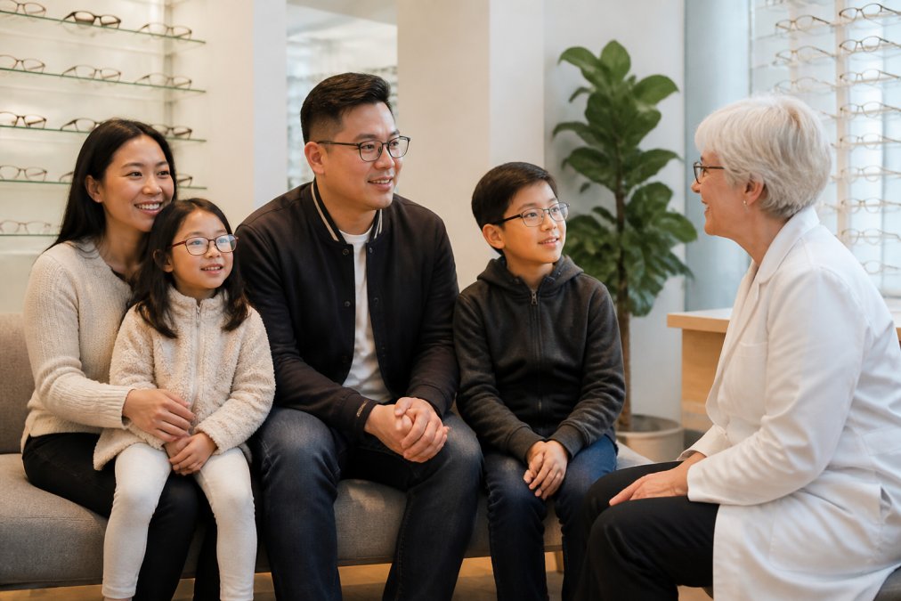 Diverse family of different ages sitting together in comfortable, welcoming optometry office waiting area with warm lighting and modern furnishings