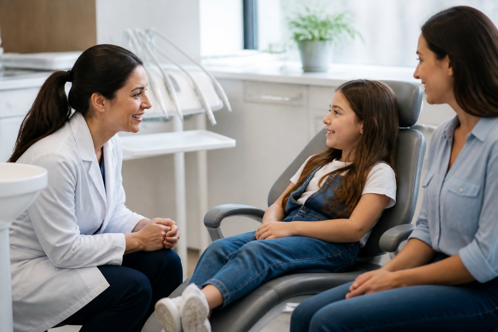 A friendly female dentist in a modern, bright clinic kneeling to talk with a relaxed young girl in the dental chair, while the child's parent watches from a nearby seat
