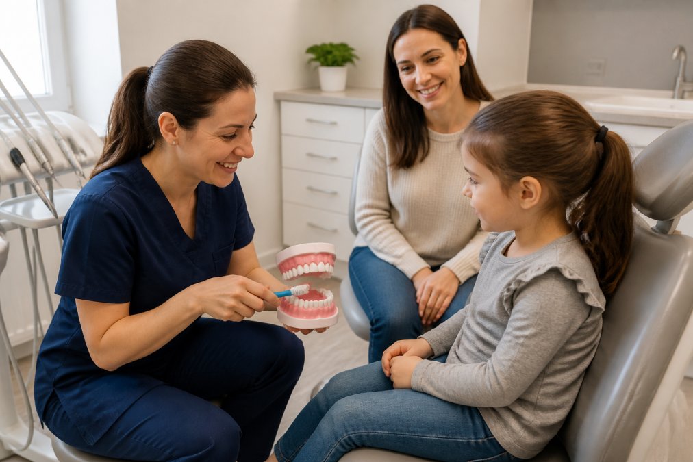 A dental hygienist crouching to eye level with a young child in a bright dental clinic room, gently demonstrating proper toothbrush technique on a large model tooth while a parent watches and smiles from a nearby chair