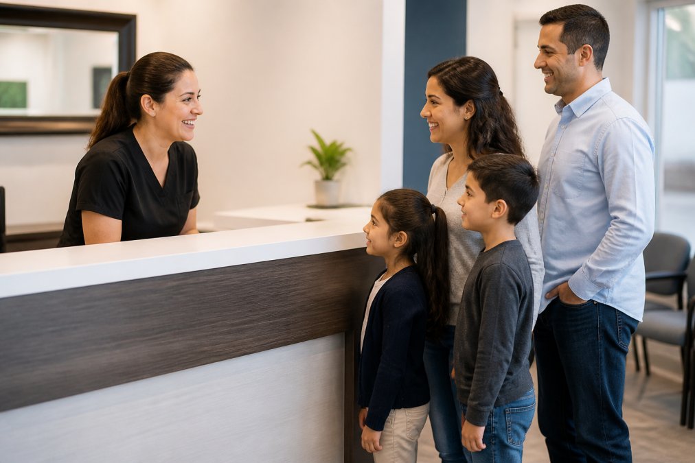 A friendly dental receptionist at a modern front desk smiling while speaking with a family, a parent and two young children, in a calm, warmly lit dental clinic waiting area with clean white walls and comfortable seating