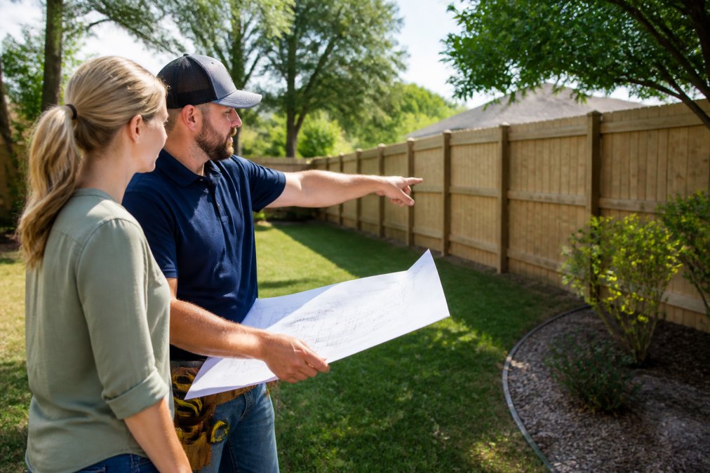 A professional fence contractor in work clothes reviewing blueprints with a homeowner in a residential backyard, pointing at a fence line, natural daylight, realistic scene