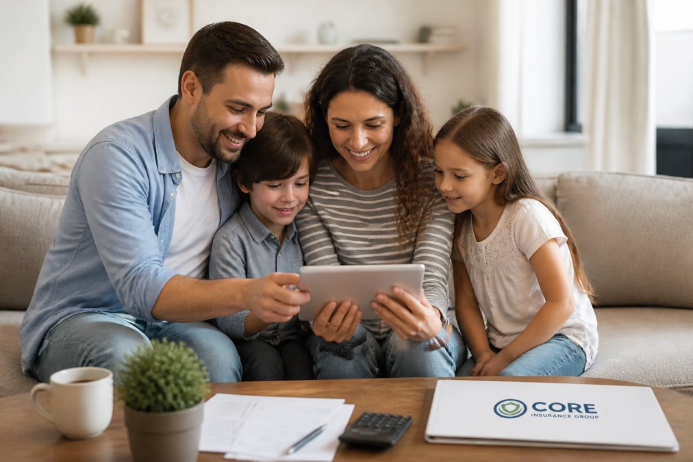 A family with two parents and two children sitting together on a couch in a bright living room, reviewing financial documents on a tablet together, with a relaxed and secure atmosphere