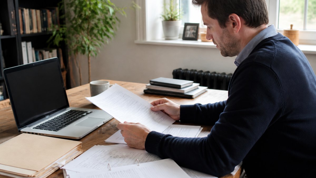 Professional reviewing property documents on a laptop screen displaying a postcode search interface and risk data in a modern home office with natural lighting
