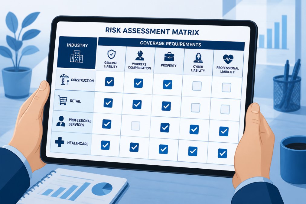 Risk assessment matrix for small business insurance plans across various industries on a tablet screen