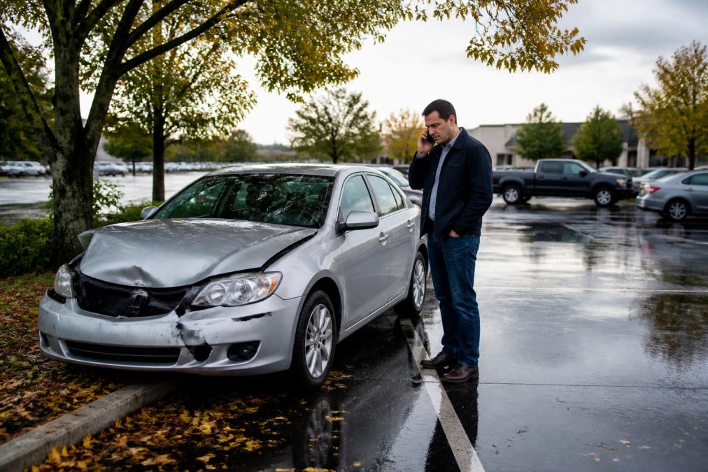 A silver sedan with a crumpled front bumper parked at the edge of a wet suburban parking lot, driver standing beside it on the phone in overcast afternoon light