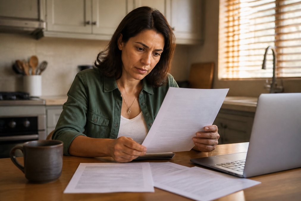 A car owner reviewing an auto insurance policy document at a kitchen table with a laptop and coffee mug nearby, warm morning light through window blinds