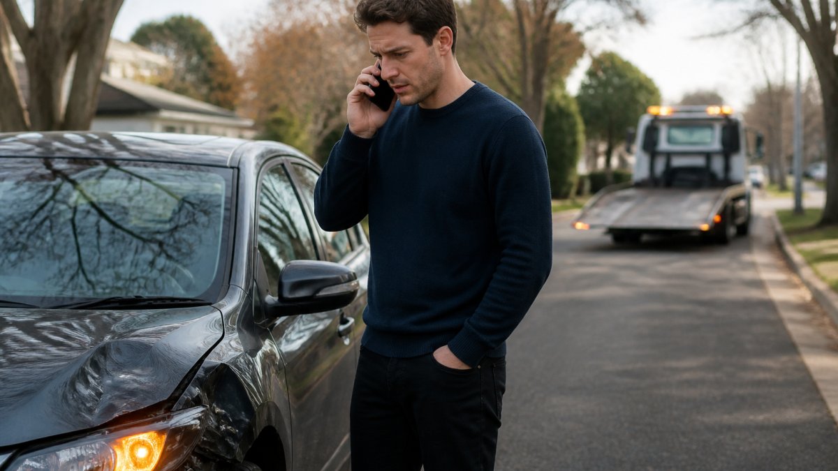 A driver standing beside a damaged car on a suburban road, holding a phone to their ear with hazard lights on, looking concerned but calm