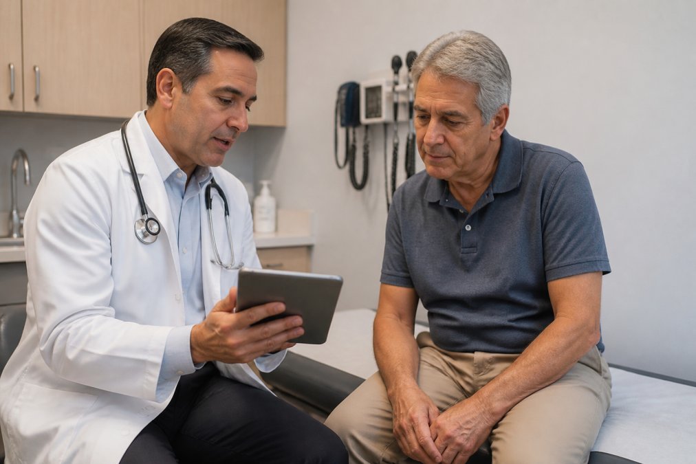 Physician reviewing lab results on a tablet with a patient during a wellness assessment in a modern clinic.