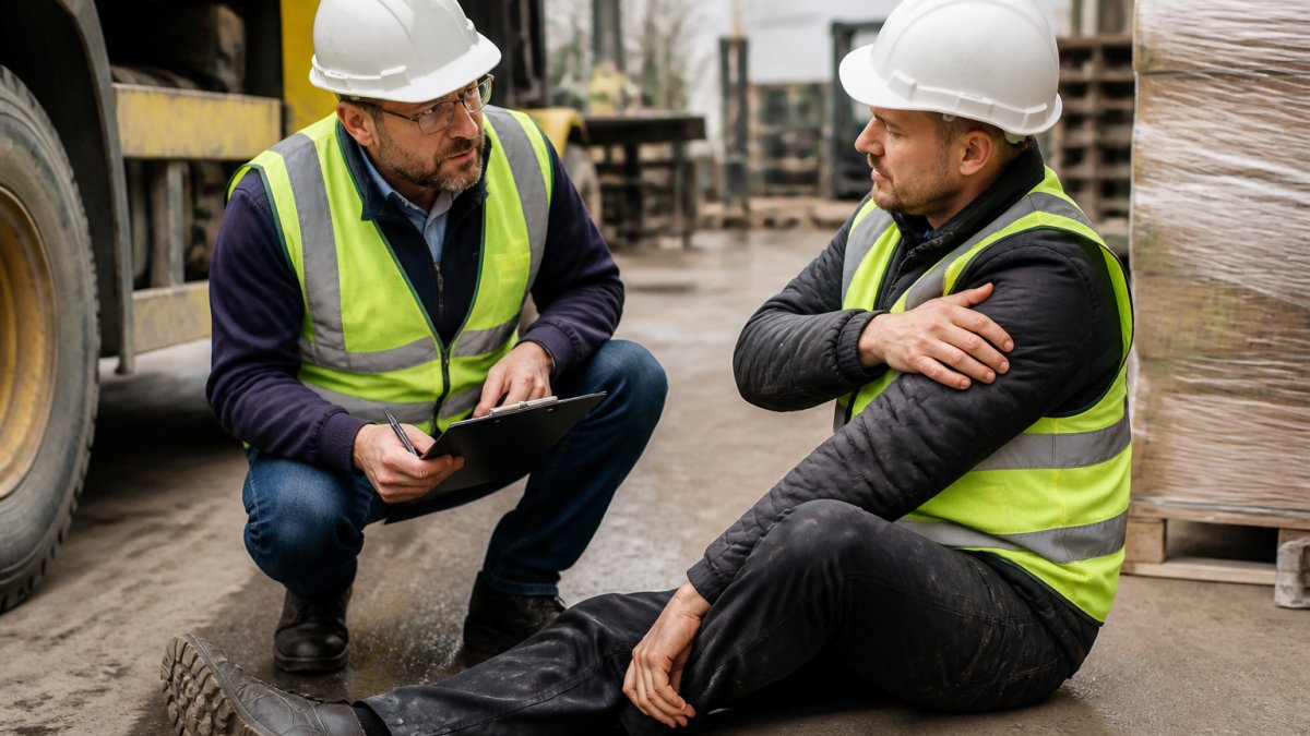 Professional supervisor and employee discussing workplace incident at job site, employee pointing to injury location, showing professional communication about incident reporting