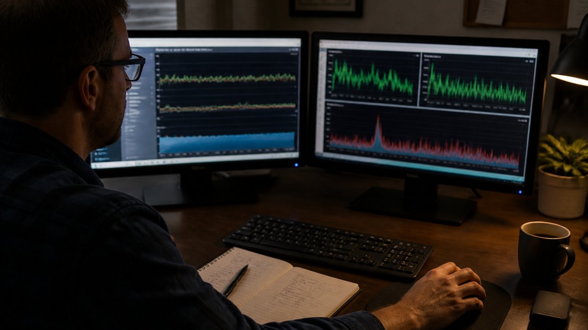 Database administrator analysing server performance graphs to manage backup compression CPU usage levels