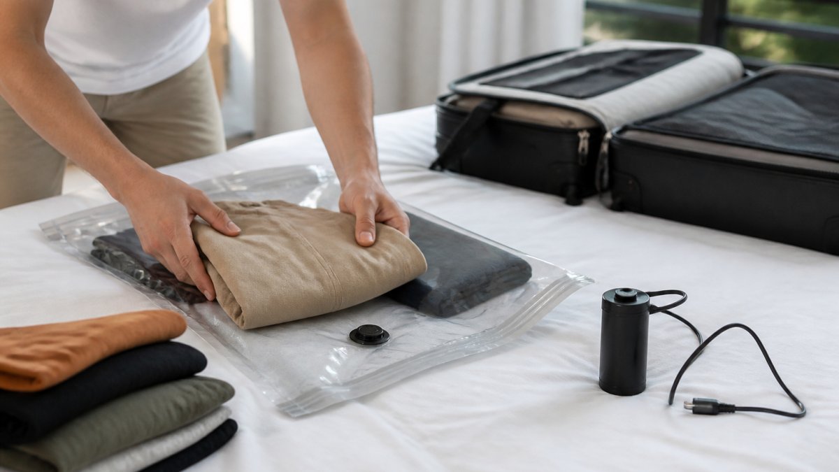 Hands folding and placing soft clothing items into a compression bag on a bed, with an electric air pump positioned nearby on white bedding with natural window lighting