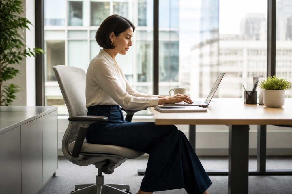 A professional woman in her 30s sitting at a modern office desk, wearing high-waisted wide-leg dark denim jeans and a tucked-in blouse, working on a laptop with a coffee cup nearby, natural window light, clean contemporary workspace