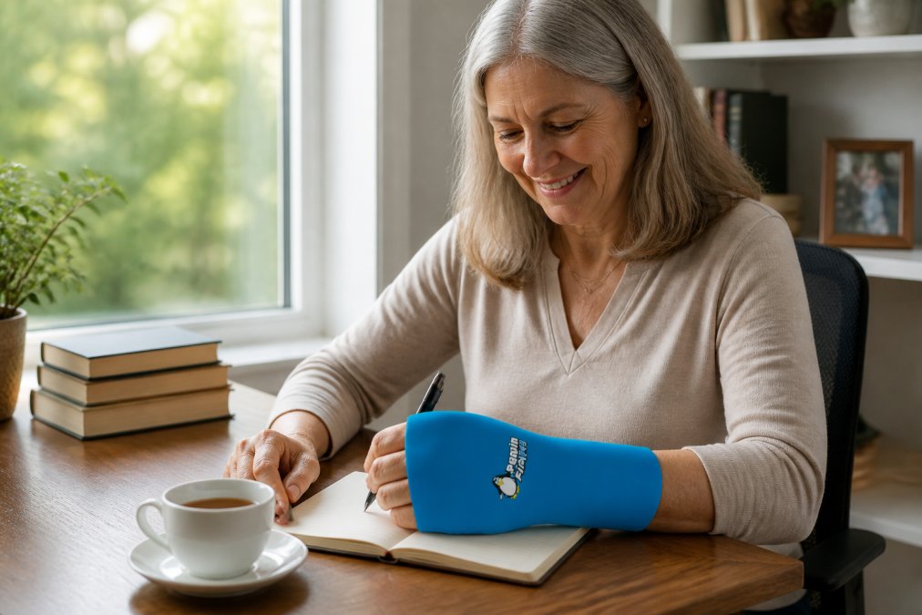 Older adult wearing a compression sleeve on their hand while working at a desk with a cup of tea nearby, showing comfort and ease of use during daily activities with natural window lighting